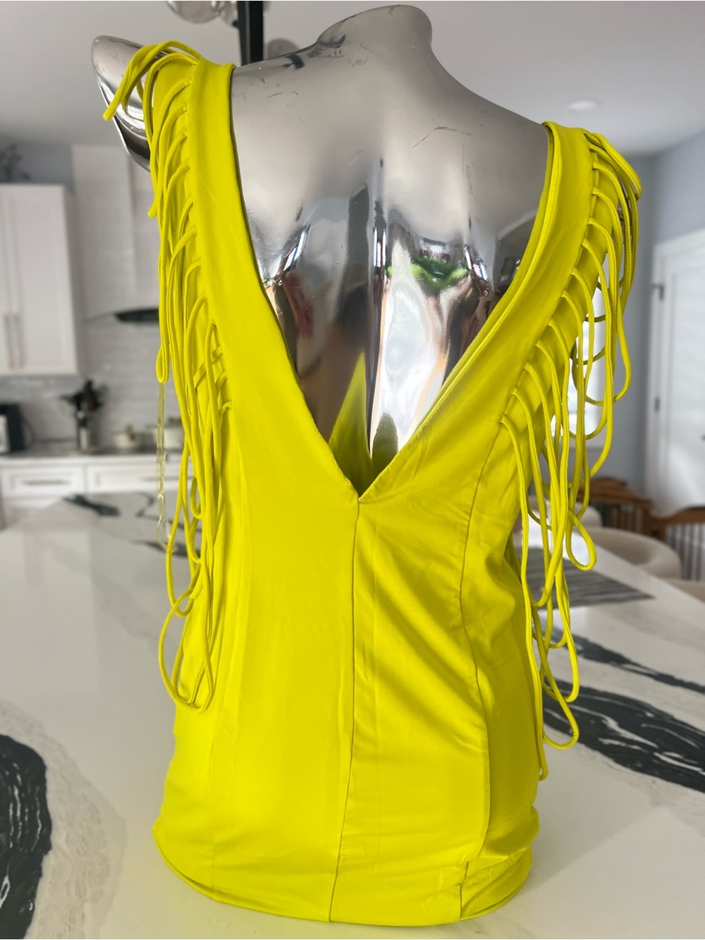 Fashion Nova Bright Yellow V-Neck Satin Dress with Fringe Straps - Picture 2 of 7